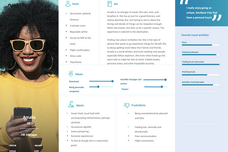A user persona depicting the current target use for Latino World Travelers. Amalia is an adventurous afro-latina.