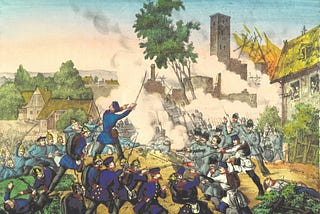 Painting of 19th century soldiers, wearing four different colored uniforms, meeting to battle in the middle of a village, with fire raging around a stone tower in the distance.