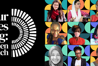 Banner image that says “Our Voices Rising: 12 Women to Watch.” There is a grid of 12 women’s faces against a patterned back drop.