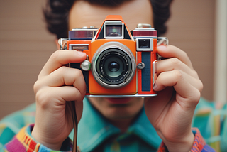 A person taking a picture with a retro camera.