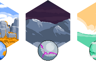 Artwork depicting three planets with varying landscapes; an overgrown rocky landscape, a dark mountain range, and an ocean world.