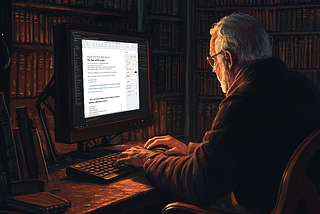 A serious scholar in a dark study is writing on a modern computer