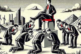 An illustration depicting a corporate hierarchy with a man in a suit sitting on a throne-like chair on a pedestal, surrounded by kneeling figures in suits bowing to him, symbolizing power dynamics and authority in a business setting.