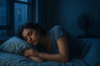 A woman sleeps peacefully in dim blue light beside a window, a fan faintly visible in the background.