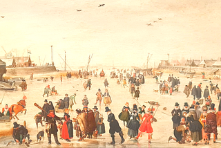 In a wide rectangular painting, a colorful winter scene is shown. The view is of a frozen canal, with seven dark birds in an off-white sky, and small buildings as well as frozen ships and rowboats in the middle distance. Standing on the ice of the frozen canal, both some distance away from the viewer, and in the foreground, there are several dozen individual people. They are mostly very well-dressed people, with capes and hats. Some are riding, driving, or pushing small sleighs and sleds.