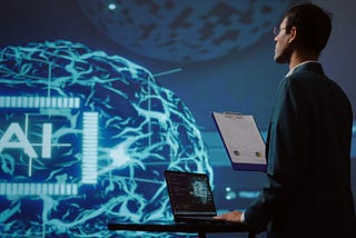 Startup employee looking over business charts using ai software