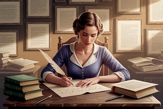 Illustrated image of a young woman writing with a feather pen on parchment with framed pages hanging on the wall and a small stack of books at her side.