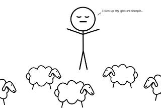 A stickfigure preaching to a herd of sheep.