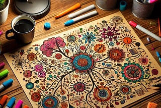 A hand-drawn mind map with colorful branches and illustrations on a desk, accompanied by markers, coffee, and a desk lamp.