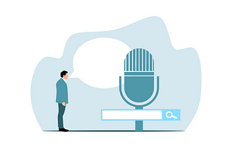 A man with a speech bubble, talking to a giant microphone and search bar