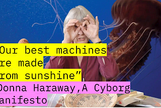 A white woman (Donna Haraway) holding her hands to her eyes, with an octopus floating past, and some text overlaid that says, “Our best machines are made from sunshine”