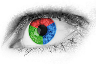 An eye with iris colored in three colors, namely, blue, green and red.