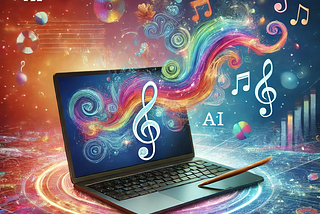 A vibrant digital workspace featuring a laptop screen emitting colorful artistic elements like swirling paint, music notes, and words. The background is filled with abstract, flowing light patterns in various colors, symbolizing the fusion of AI and human creativity. Subtle icons representing writing, art, and music are integrated into the design, conveying a harmonious blend of technology and creativity for content creation.