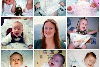 Photos of eight happy babies surround a central photo of the author in her youth.