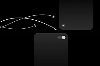 Three fluid arrows navigating from left to right toward two abstract iPhones. One with a checkbox inside, the other with a toggle button switched on.