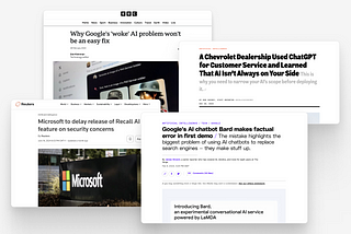 Images of news stories related to the challenges of getting AI to production