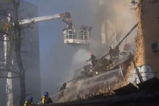 Firefighters tackle a blaze in Northern Kyiv.
