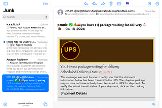 A screenshot of an email Junk inbox folder. The highlighted email is supposedly from UPS with a subject line of “you have (1) package waiting for delivery — — 04–18–2024.” The email address and certain elements of the email have visual cues that suggest it is a phishing attempt or spam, such as the random-looking sender’s email address.