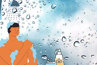 Cartoon illustration of a person happily showering with water droplets on glass, shampoo bottles visible, highlighting the article’s focus on shower water pressure regulations.