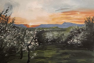 Oil painting of an orchard at sunset
