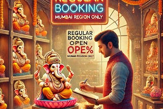 festive scene inside the Majha Morya store showcasing Ganesh idols on display. A customer selects an idol while a staff member processes the booking with a 50% advance payment. A sign in the background highlights “Regular Booking Open: Mumbai Region Only” with a reminder that “Stock is Limited — Book Early!” The store is decorated with traditional elements, diyas, and festive lighting