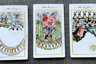 3 Tarot cards laid out from left to right: Ten of Cups (reversed), Nine of Cups (reversed), Eight of Cups (reversed). The illustrations are based on traditional Tarot card design, but recreated in watercolor.