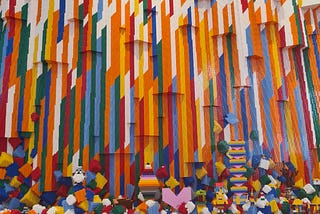 Multicoloured waterfall made entirely of lego bricks