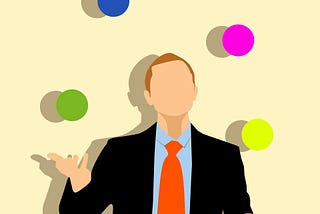 A drawing of a faceless man in a suit juggling four colourful balls in front of a yellow background.