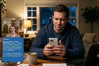 A man looking at a woman’s profile in a Christian dating app