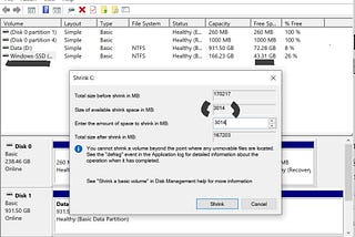 Solution for SSD not shrinkable beyond a point even though you have free space for dual boot