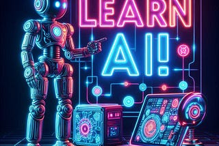 A robot, laptop and other electronic devices with neon colored lettering that says “Learn AI!”
