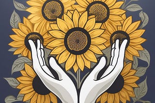 A graphic image of a bunch of sunflowers, with a pair of hands open in front of them.