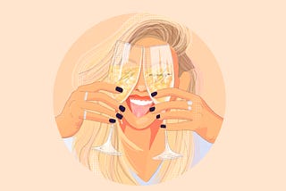 Digital illustration of a blond woman clinking too champagne glasses
