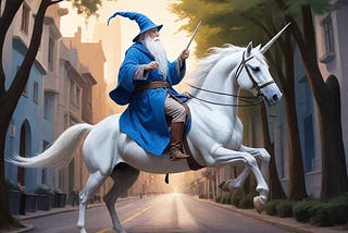 AI generated image for: wizard riding a unicorn in the realm of elves spearheading digital transformation