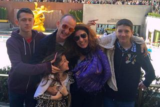 A family of five at the Rockerfella Icerink in New York. Laughing and messing around.