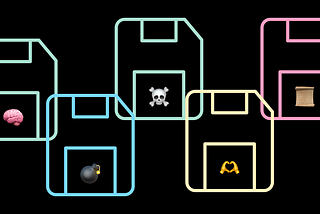 Five floppy disks with five emojis: the brain, the bomb, the skull, the heart hands, and a scroll