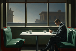 Realistic painting of a man in a suit seated alone in a diner booth, reading a document. In front of him, a coffee cup sits on the table. Large windows offer a view of classical buildings against a clear sky.