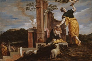 A man in robes, sword in one hand, standing over a boy crouching on the floor, fear on his face.