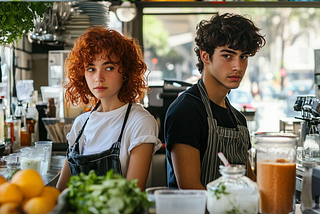 A young woman and young man are working at a health food store.