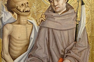 A Catholic saint in a brown robe is shaking the hand of an animated corpse standing beside him.