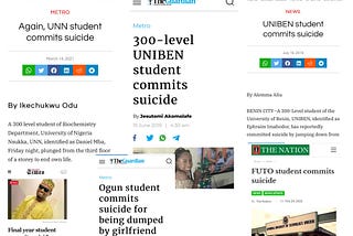 A photo collage of seven local newspaper reports of students committing suicide in Universities across Nigeria