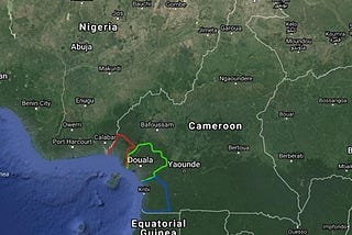 A satelite style map showing Cameroon, and above it Nigera. Along the coast, three areas are mapped out in red, green, and blue, showing the approximate trading areas of each of the three coastal kingdoms. They take up the entire coats and stretch inland up to 70 miles each.
