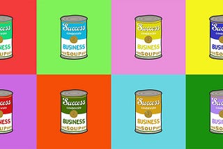 Cans of “Business Success” soup in the pop art style of Andy Warhol