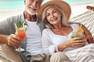 An older couple relaxing in a hammock on a beach drinking cocktails.