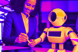 Image depicting Designer and Artificial Intelligence robot brainstorming together. Created by Lola Salehu.