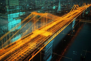 A glowing orange digital wireframe of a suspension bridge overlays a dark cityscape and river, representing a digital twin model. The bridge structure is rendered with intricate detail, showing layers of data streams, structural elements, and IoT integration points. Blue digital grids and data patterns are visible on surrounding buildings and water, highlighting the use of AI and predictive analytics for infrastructure monitoring.