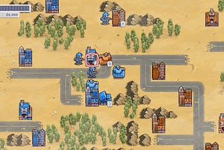Warside Demo battle map in the desert, where your forces are attempting to fight the foes. The enemy tank is approaching and attacking a building previously claimed by the infantry