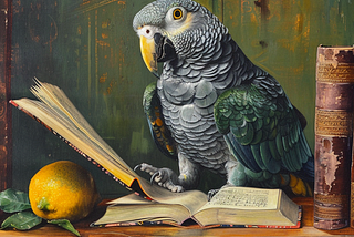 An AI created image of a blue grey green parrot sitting a top two open books. Historical feel, what AI makes when you input “parrot reading a will”.