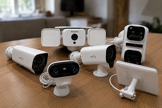 A few of the security cameras I tested for this piece on a wooden table.
