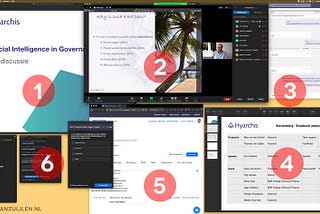 Screenshot of a computer desktop, with a numbered set of application windows to illustrate the facilitator’s POV of a webinar